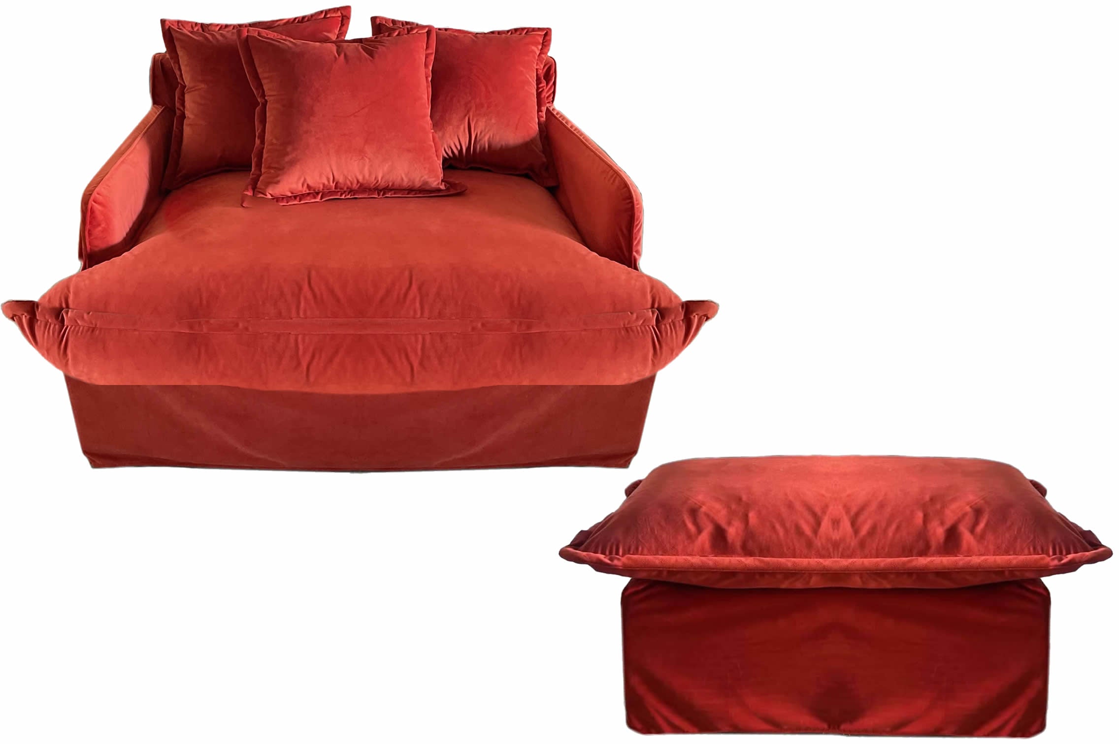 Adele Loose Cover Loveseat with Ottoman in Deep Orange Velvet