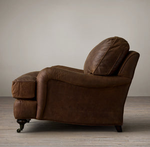 Abbie Vintage Leather High Back Armchair With Brass Castors & Feather - Daia Home