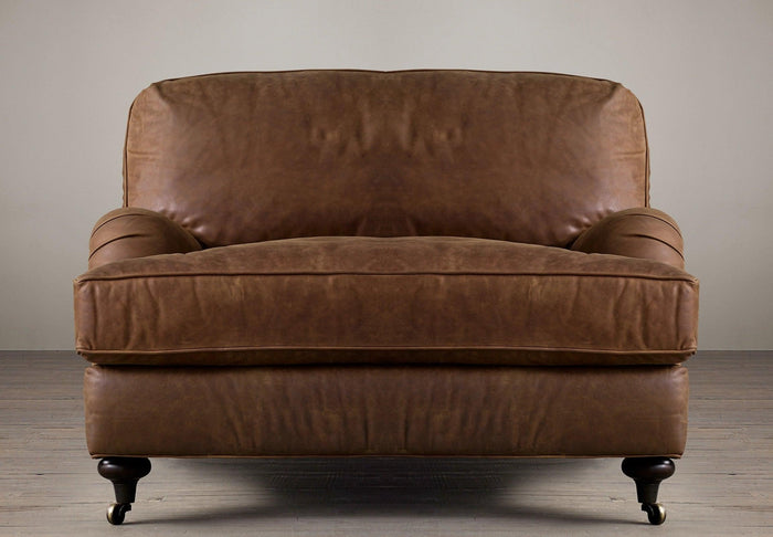 Abbie Vintage Leather Love Seat With High Back and Feather Seat