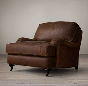 Abbie Vintage Leather Love Seat With High Back and Feather Seat - Daia Home