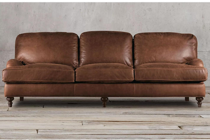 Abbie Vintage Leather Sofa With High Back and Feather Seats