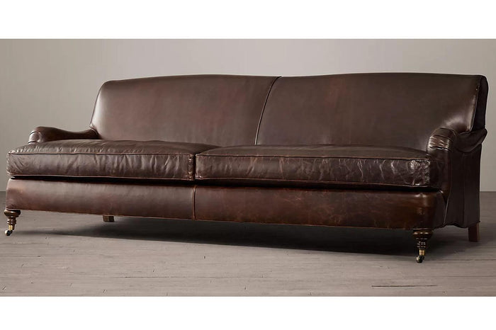 Harrow Edwardian Leather Sofa, Sprung High Back, Feather Fibre Seat
