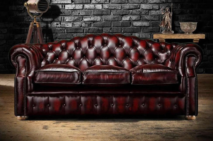 Oxford Antique Leather Chesterfield Sofa, Raised Back, Scroll Arms