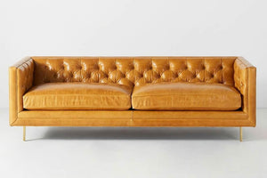 Arthur Mid Century Leather Buttoned Sofa, Feather and Foam Seats - Daia Home