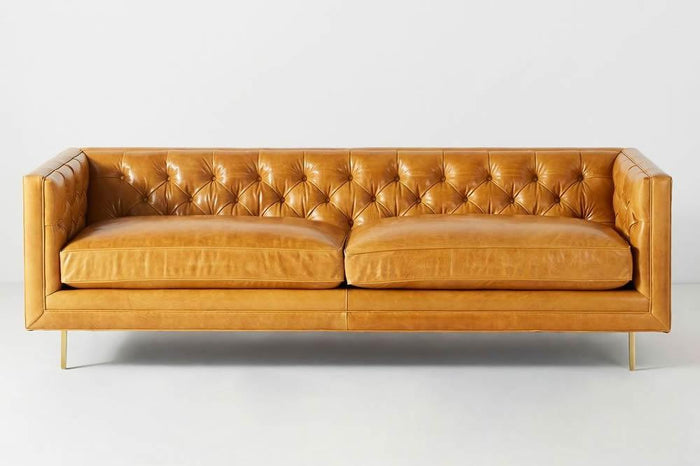 Arthur Mid Century Leather Buttoned Sofa, Feather and Foam Seats