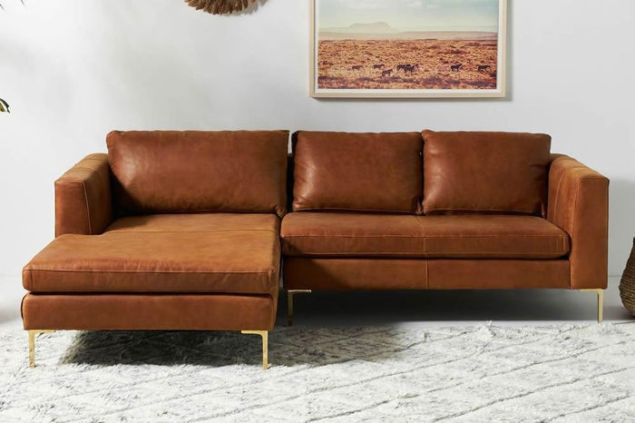 Turin Contemporary Italian Leather Sofa With Chaise, Feather Seats